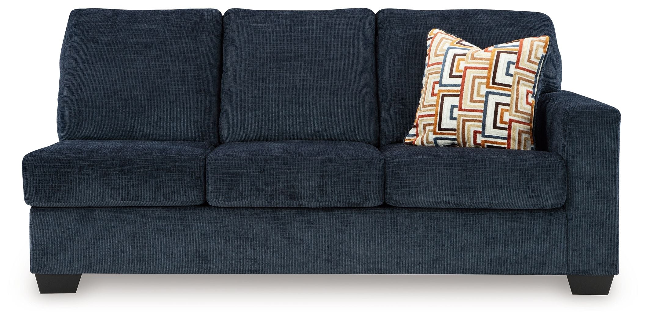 Ink blue 3-seat sofa with squared arms and patterned cushion on the right