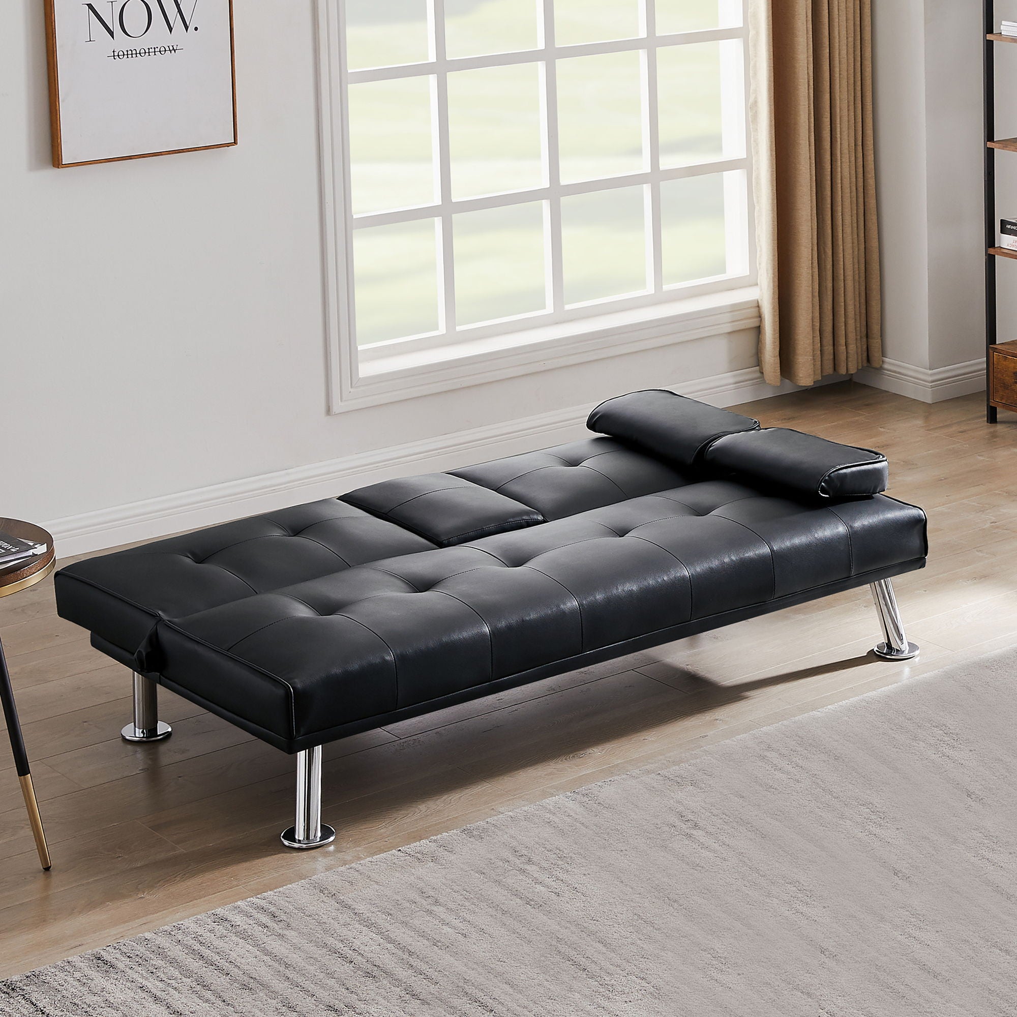 Modern Faux Leather Loveseat Sofa Bed With Cup Holders, Convertible Folding Sleeper Couch Bed .