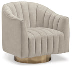 Light pearl swivel accent chair with rounded arms, channel-tufted back and seat, gold base