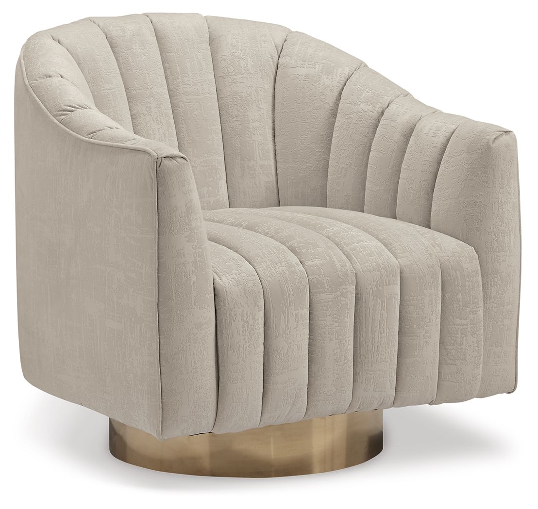 Light pearl swivel accent chair with rounded arms, channel-tufted back and seat, gold base