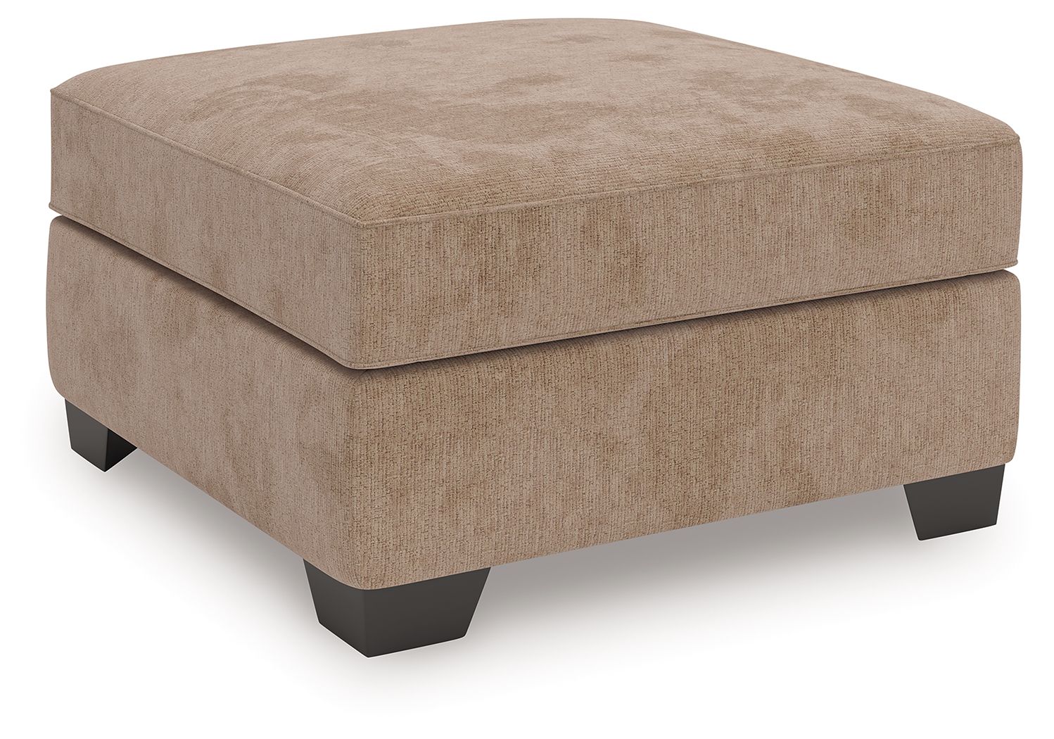 Light brown upholstered ottoman with thick padded top and block legs