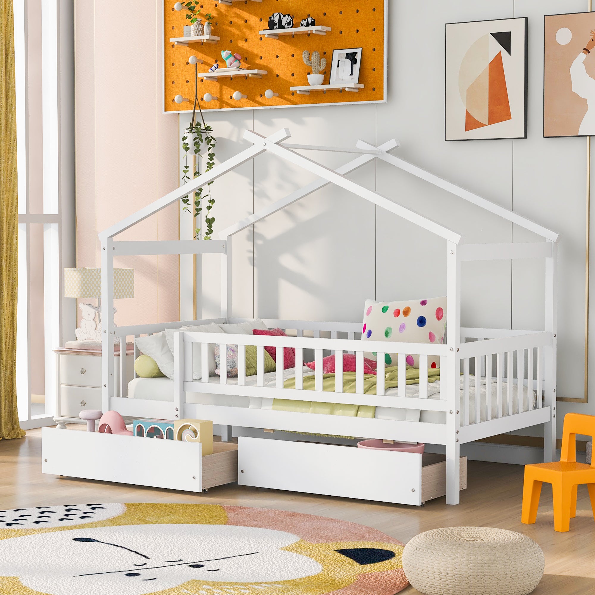 Twin White Wooden House Bed Frame with Two Storage Drawers