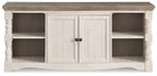 TV stand with two white doors, dark brown top, and side open storage cubbies
