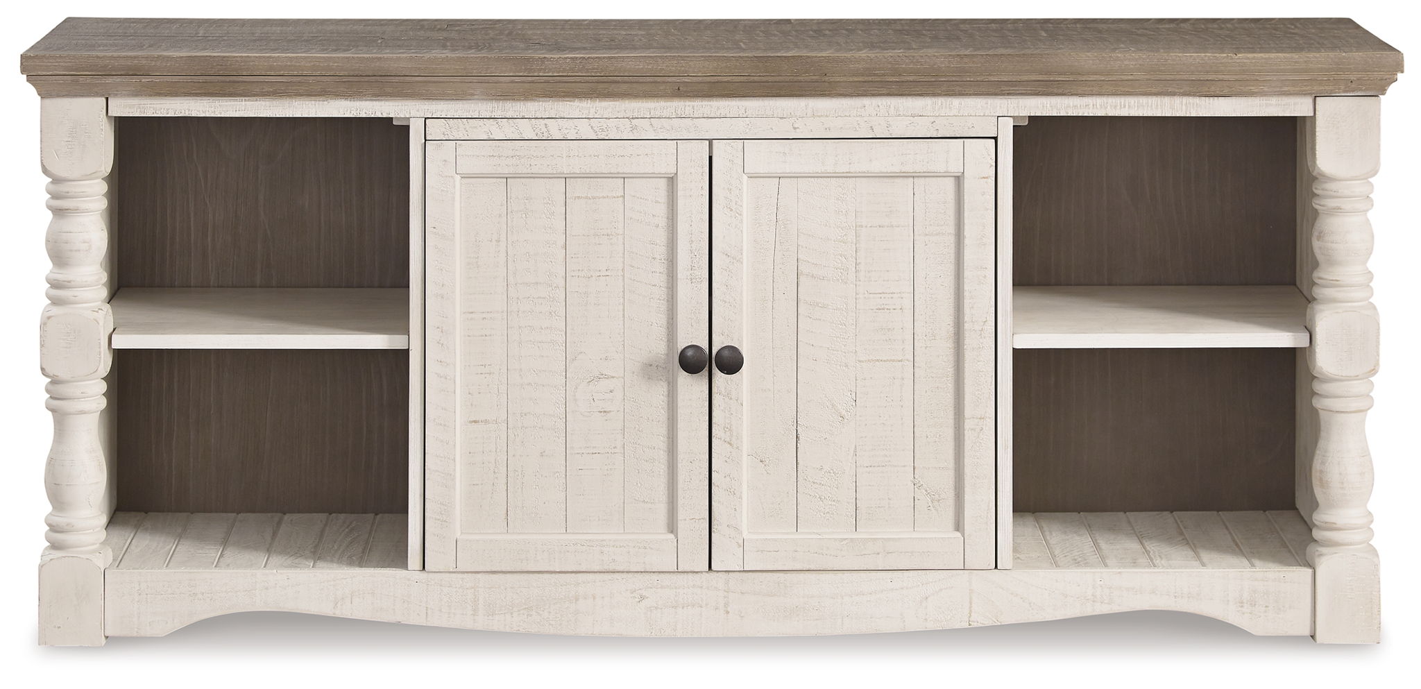 TV stand with two white doors, dark brown top, and side open storage cubbies