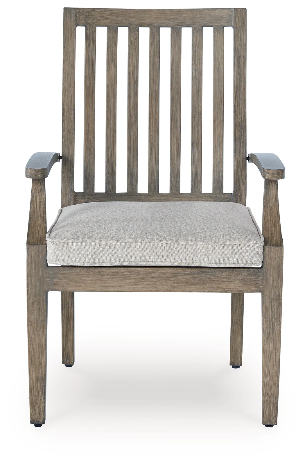 Wooden arm chair with tall slatted back and light beige seat cushion, square legs.