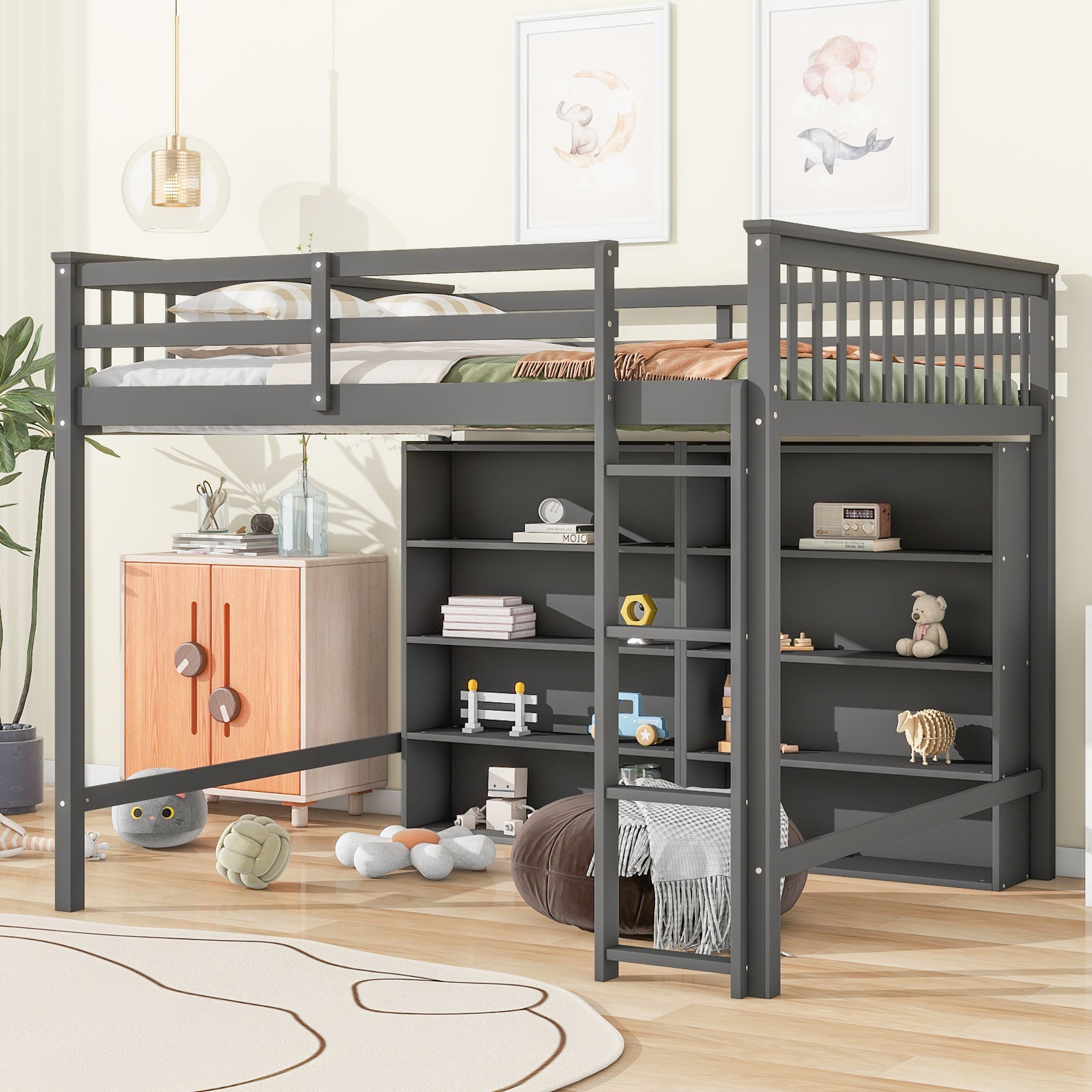 Full Size Loft Bed with 8 Storage Shelves & Ladder, Antique Grey