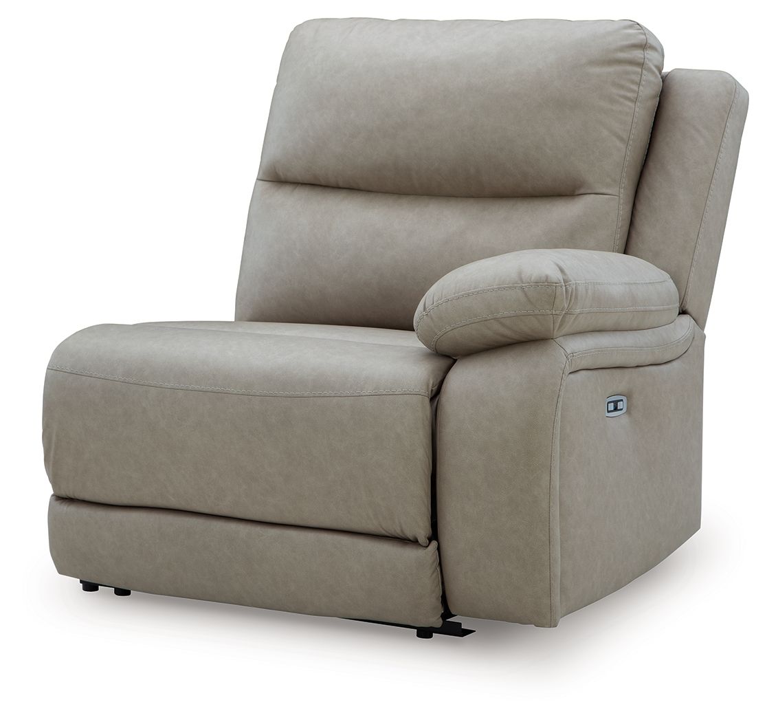 Pebble gray power recliner with padded headrest and wide armrests
