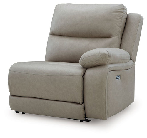 Pebble gray power recliner with padded headrest and wide armrests