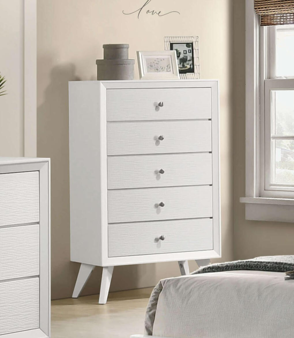 Contemporary White Chest: Angled Legs, Bronze Knobs, Wave Texture