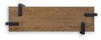 Rectangular wood table top with black metal corner supports and end brackets