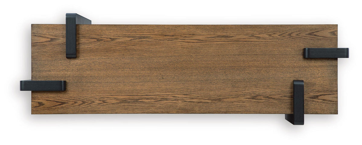 Rectangular wood table top with black metal corner supports and end brackets