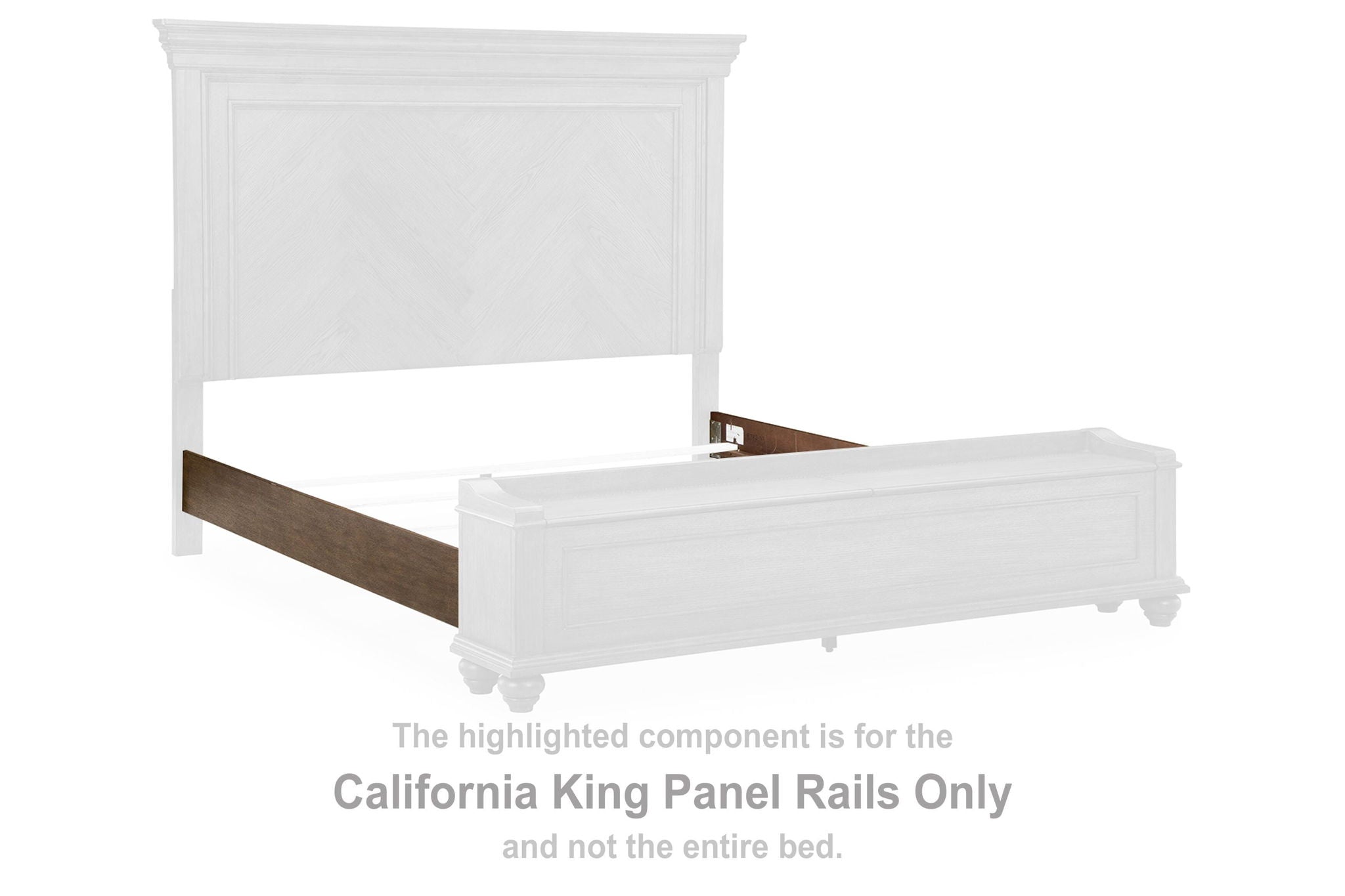 California king panel rails, medium brown and white bed frame components