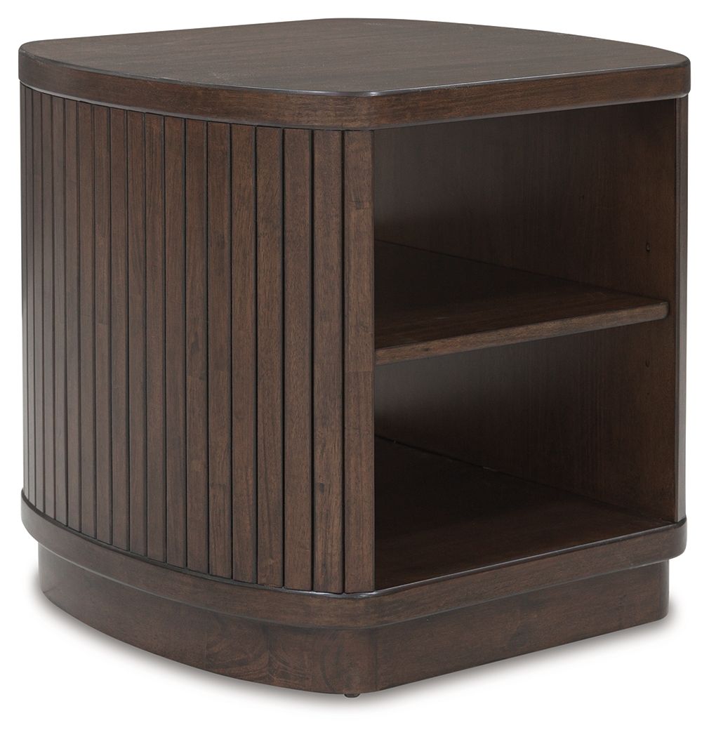 Square end table with open shelf, dark brown slatted sides and rounded legs
