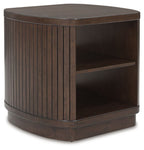 Square end table with open shelf, dark brown slatted sides and rounded legs