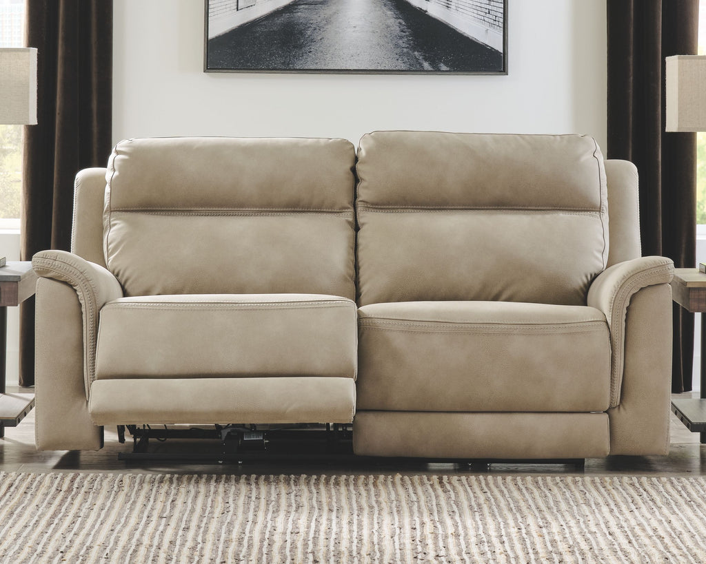 Power reclining sofa, sand beige upholstery, two-seat design with padded back headrests