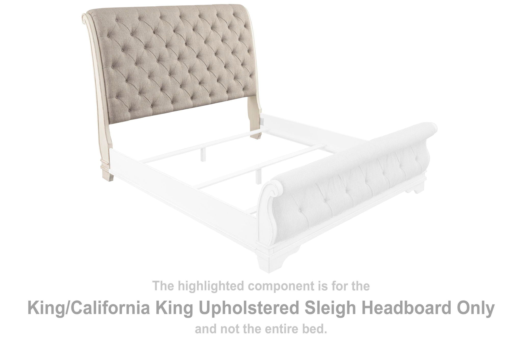 Upholstered sleigh headboard with button-tufted fabric in light gray-beige