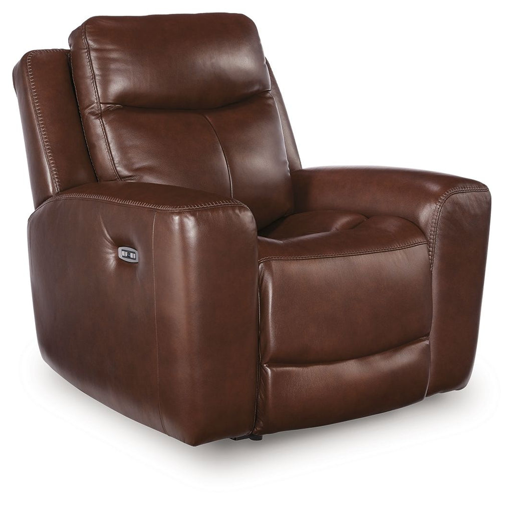 Mahogany leather-look power recliner with adjustable headrest and cushioned arms
