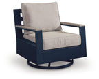 Swivel glider chair with beige cushion and blue armrests
