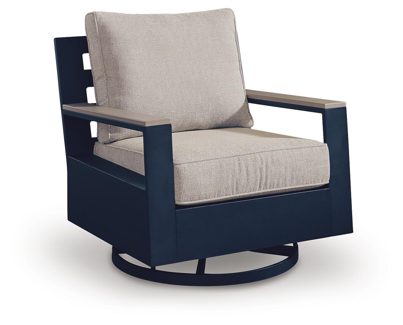 Swivel glider chair with beige cushion and blue armrests
