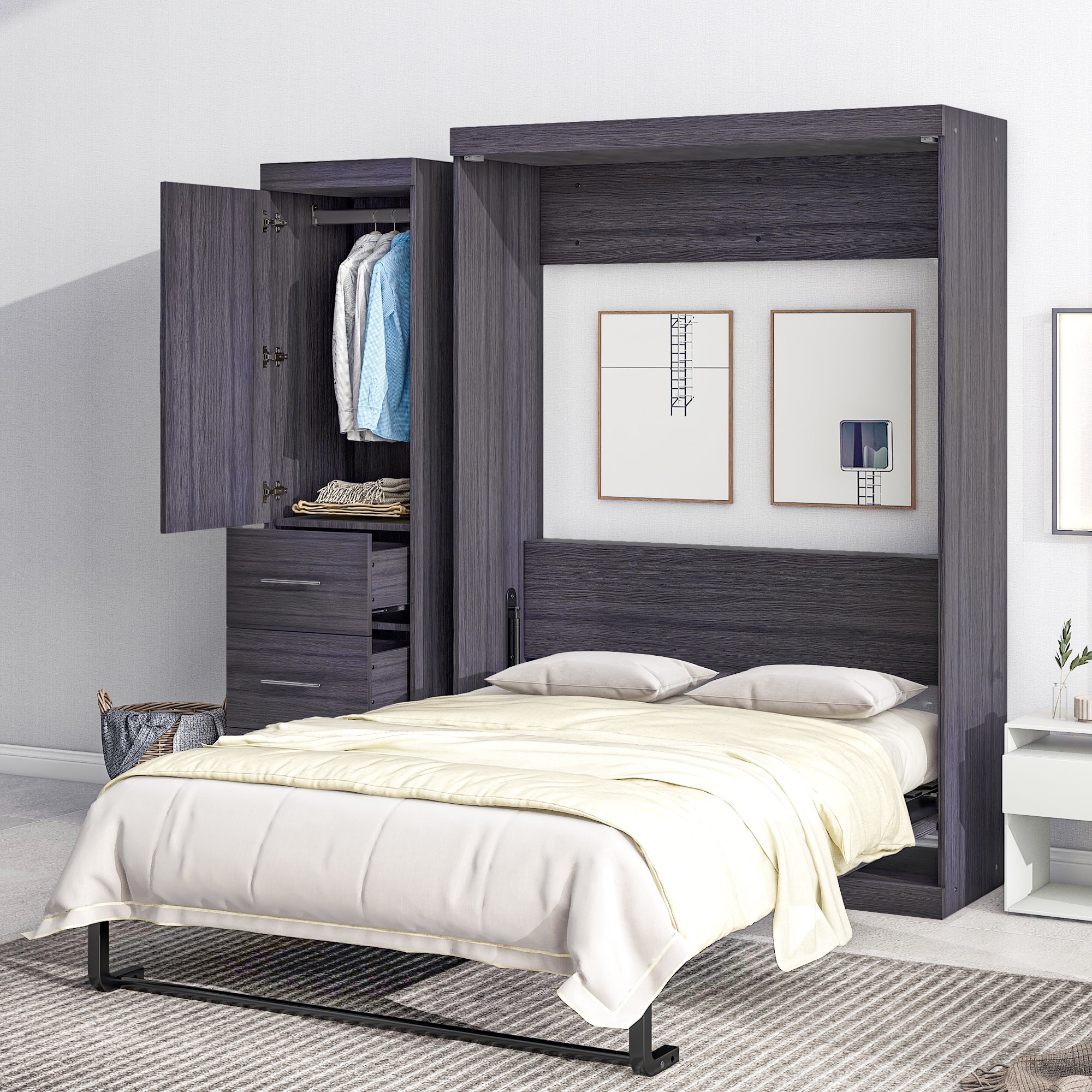 Full Size Gray Murphy Bed with Wardrobe & Storage Drawers