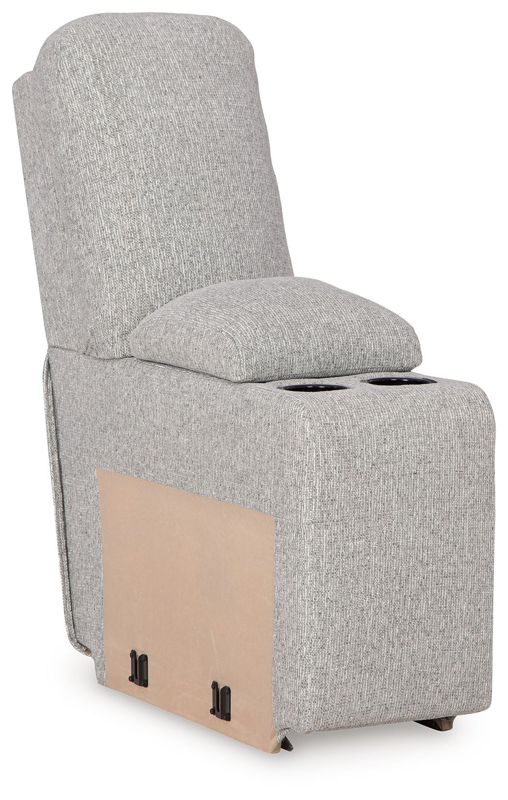 Pewter upholstered console chair with storage panel and two cup holders