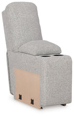 Pewter upholstered console chair with storage panel and two cup holders
