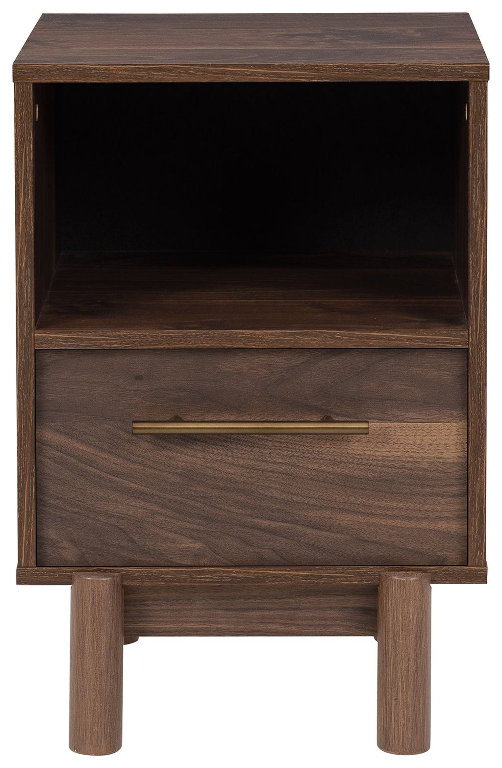 Mocha one-drawer night stand with open cabinet and drawer front, gold bar handle