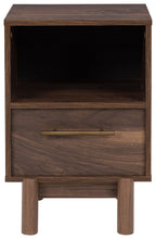 Mocha one-drawer night stand with open cabinet and drawer front, gold bar handle