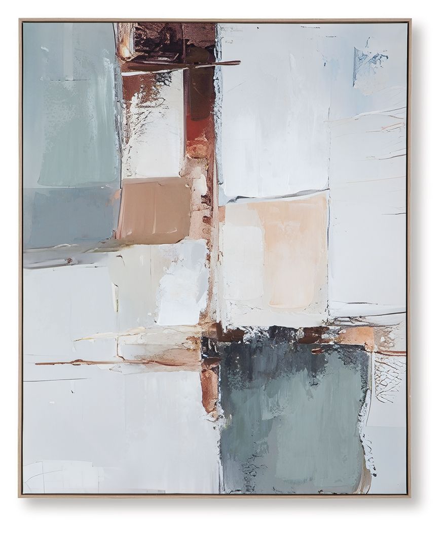Framed abstract wall art with white and blue panels, tan and brown accents, textured finish