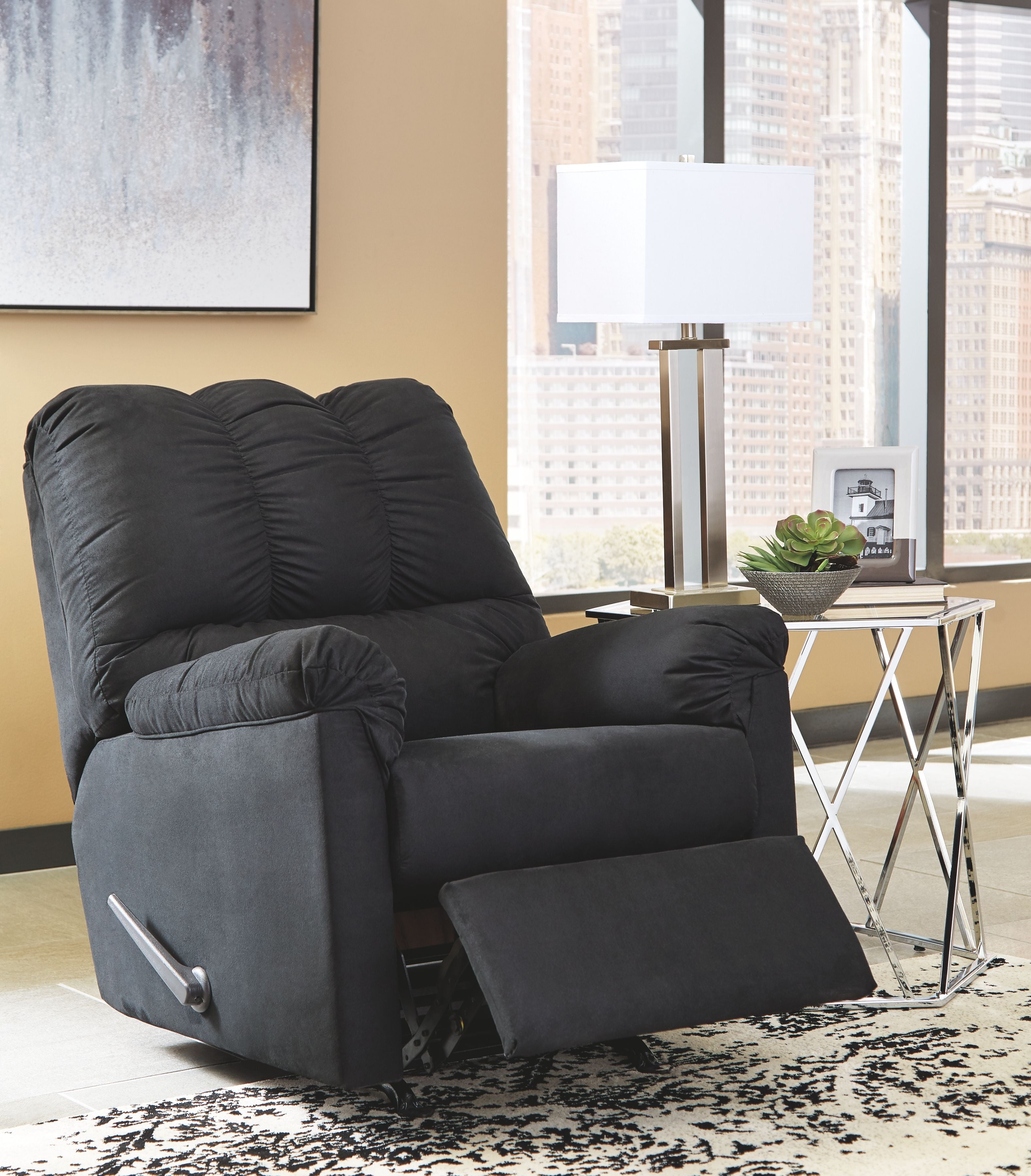 Living room set with dark recliner chair, thick seat, and padded back cushion