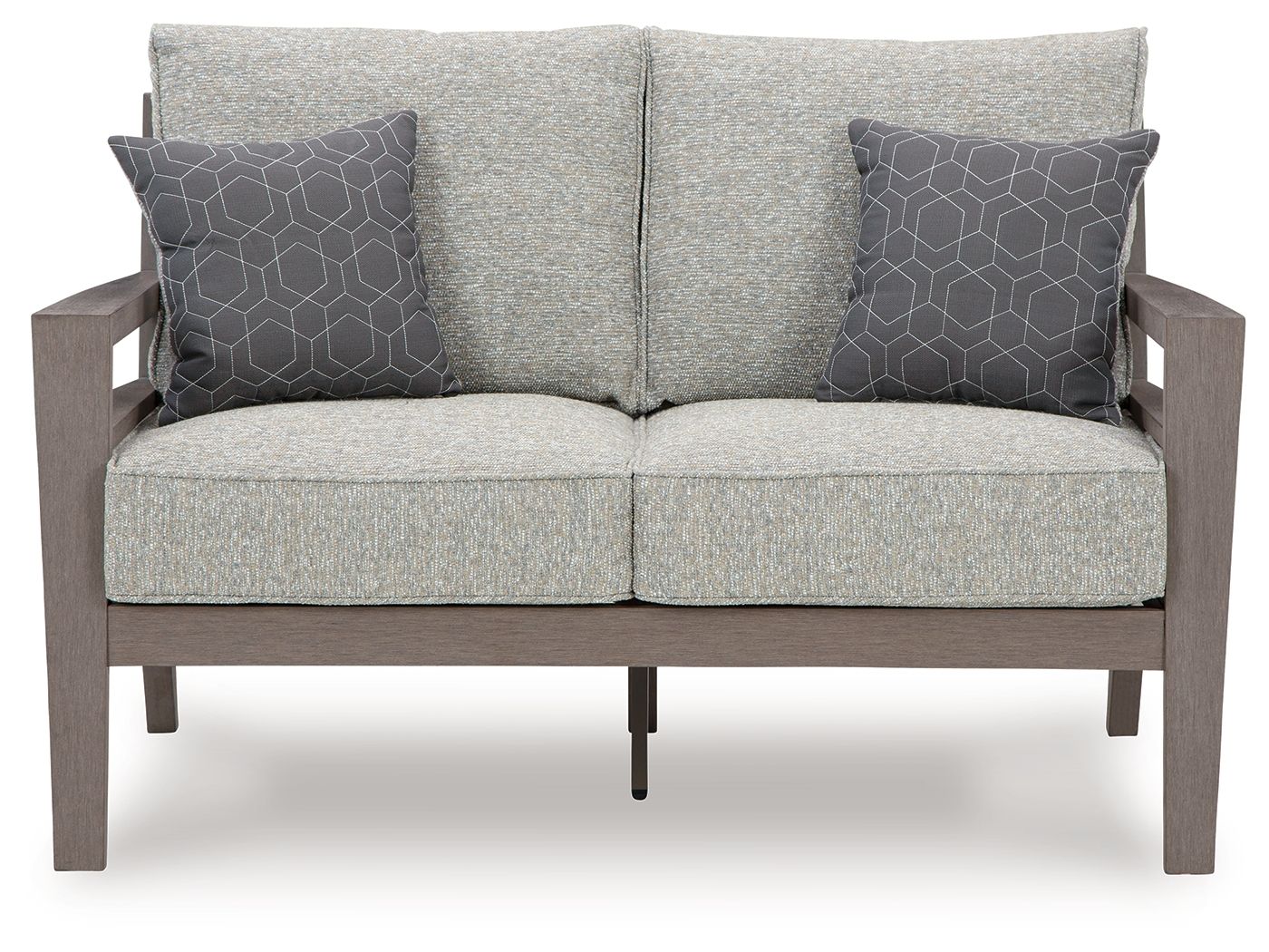 Gray loveseat with two patterned throw pillows, centered back seam, and padded seat cushions