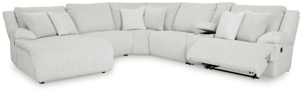 Light reclining sectional sofa with striped upholstery, corner section, and padded back cushions