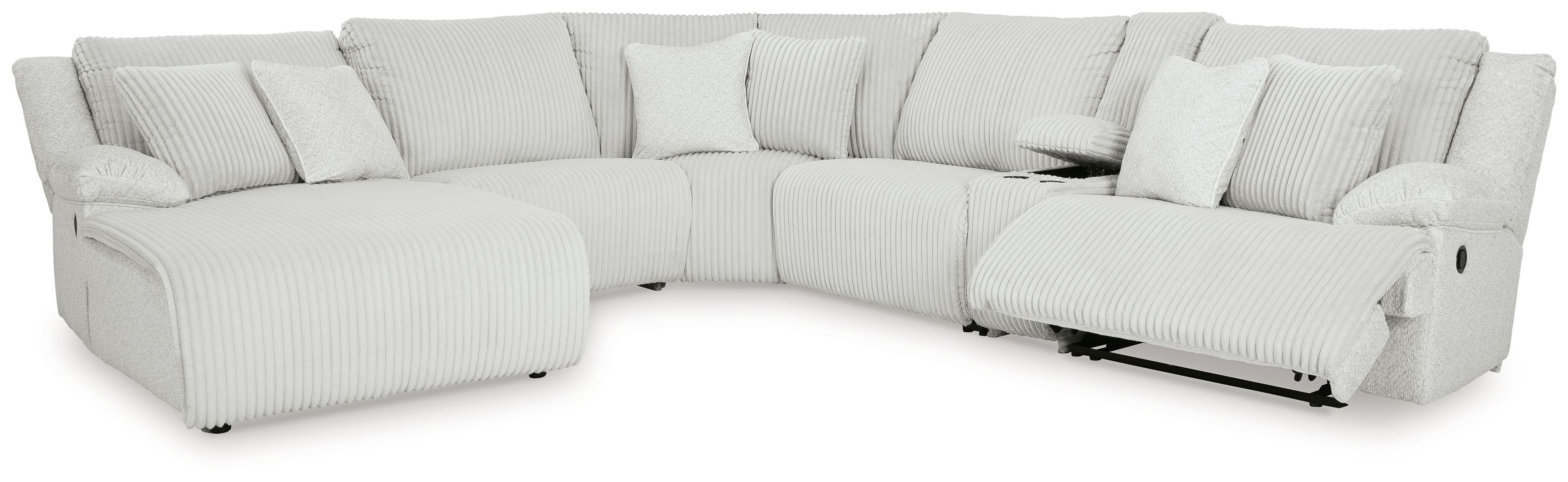 Light reclining sectional sofa with striped upholstery, corner section, and padded back cushions