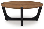 Round cocktail table with brown wood top and black metal pedestal leg