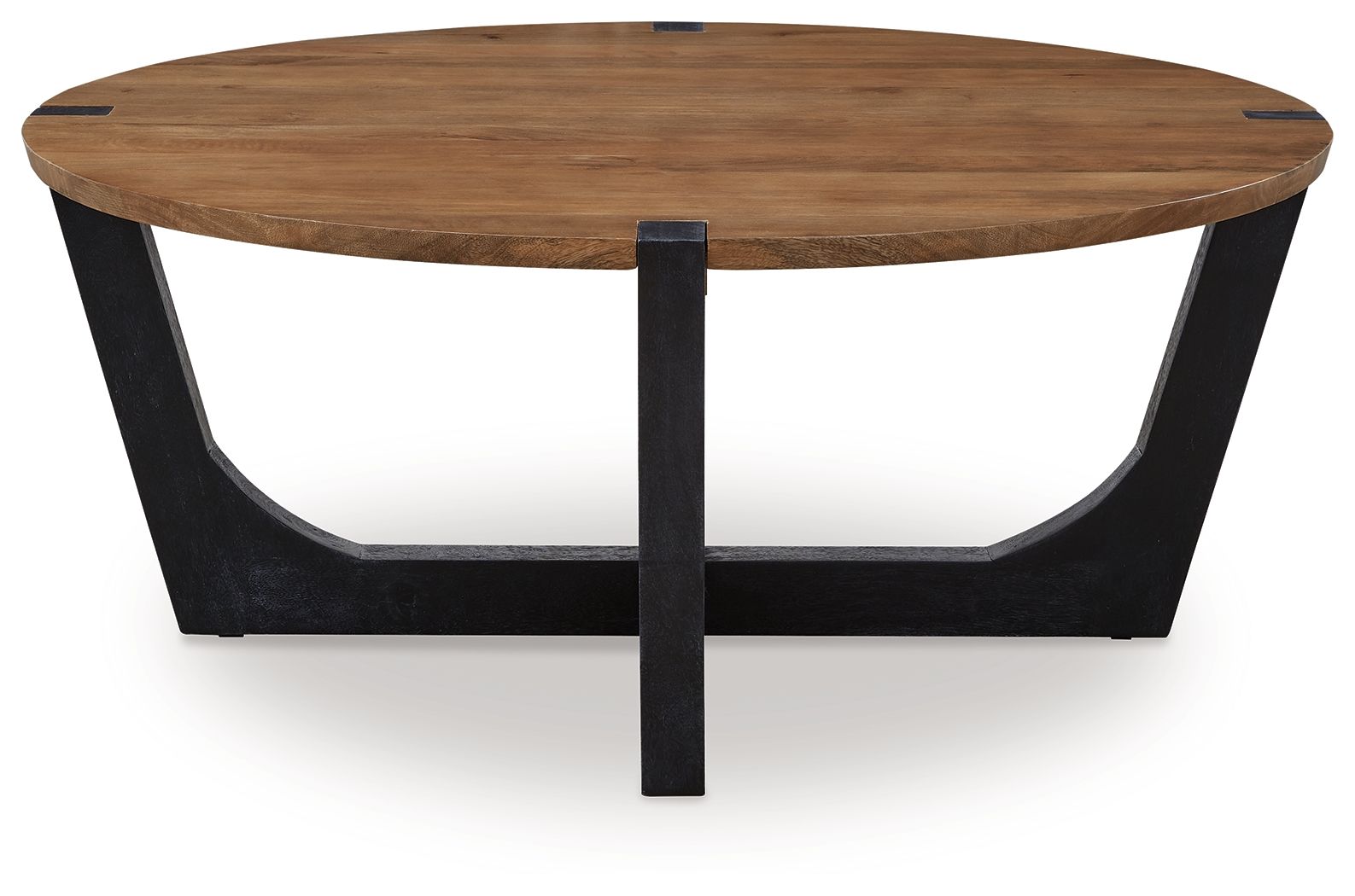 Round cocktail table with brown wood top and black metal pedestal leg