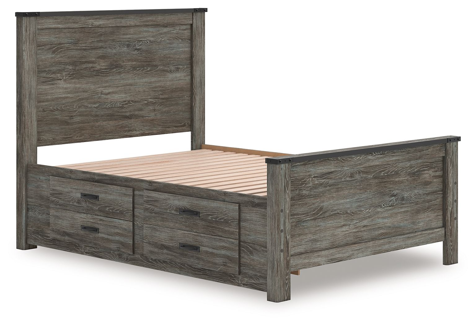 Gray panel bed with two front drawers and slatted support base