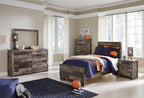 Panel bed with storage drawers, dark gray wood-look finish, includes matching dresser and mirror