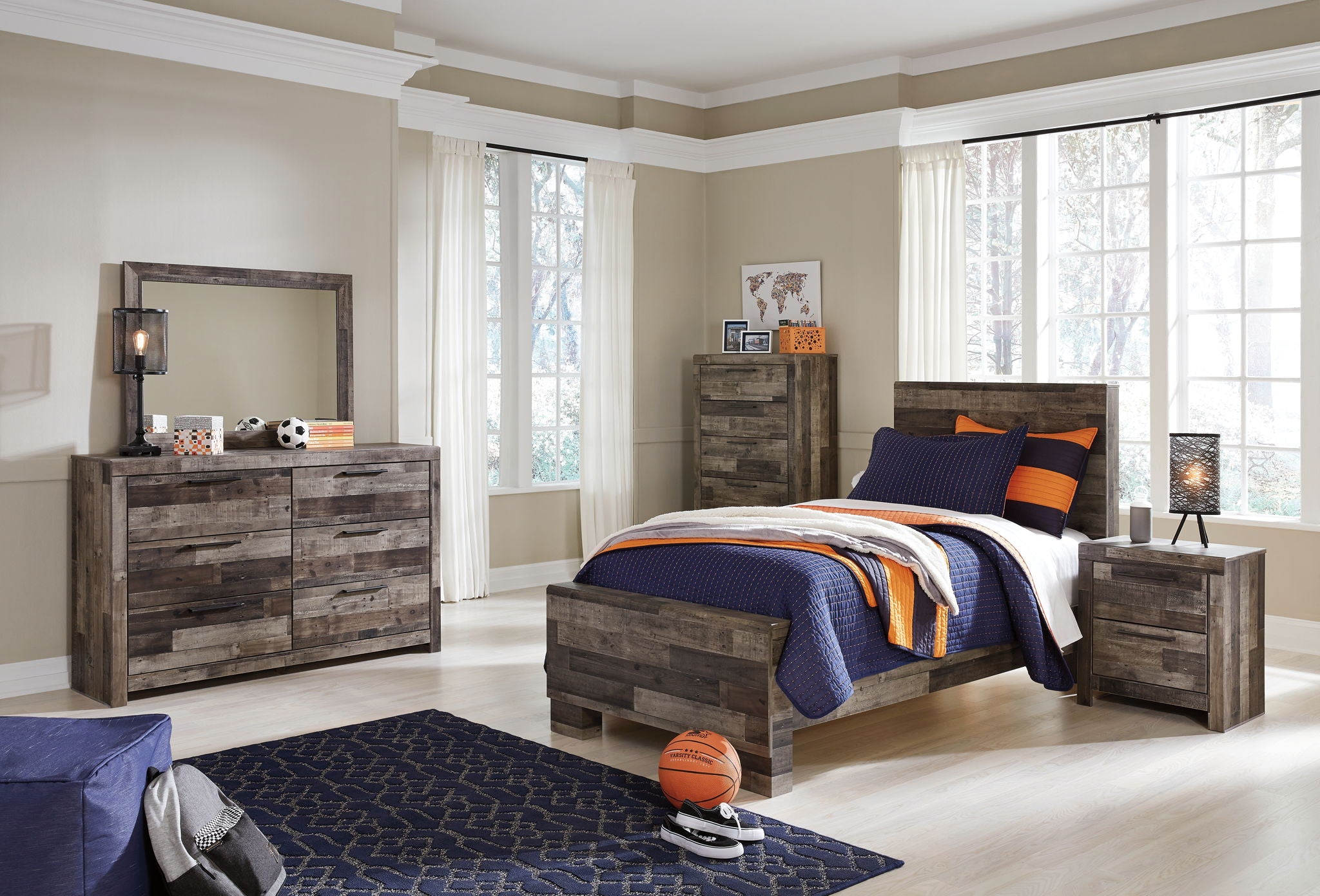 Panel bed with storage drawers, dark gray wood-look finish, includes matching dresser and mirror