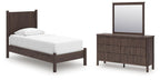 Dark brown panel platform bed and matching dresser with mirror