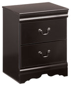 Two-drawer nightstand with dark finish, curved drawer pulls, and scalloped base