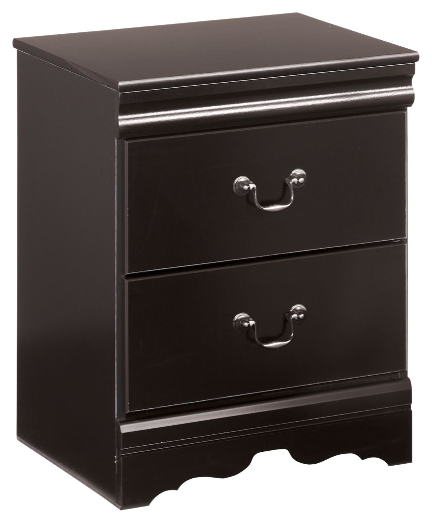Two-drawer nightstand with dark finish, curved drawer pulls, and scalloped base