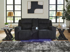 Power reclining loveseat with console armrests and adjustable headrests, dark gray ribbed fabric
