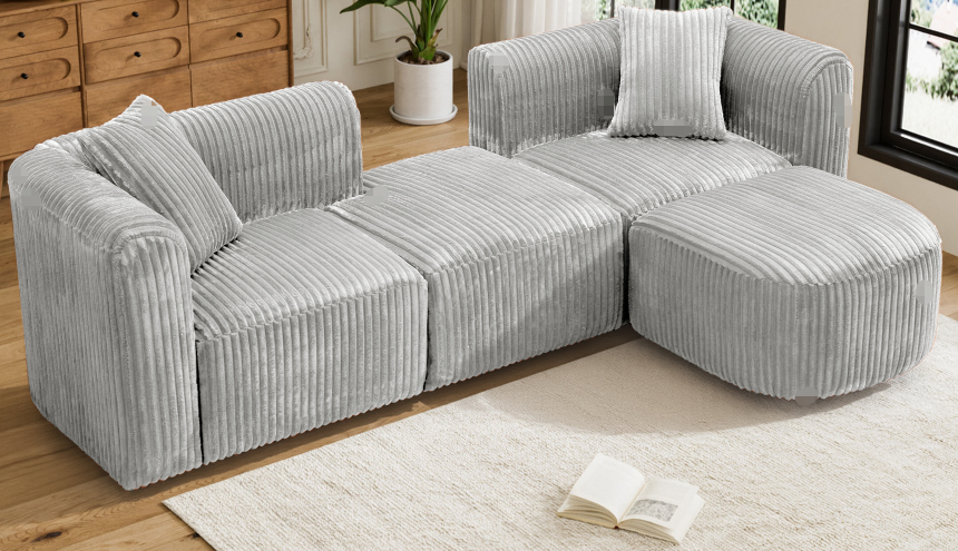 Luxury Modern Curved Corduroy Sectional Sofa Grey