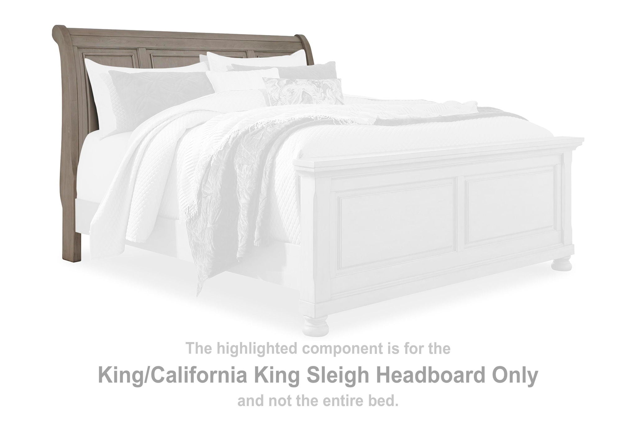 Light gray king sleigh headboard with arched top and paneled molding
