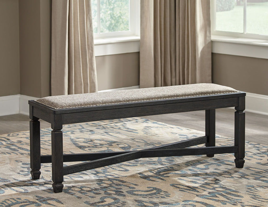 Dark gray dining bench with upholstered seat and block legs