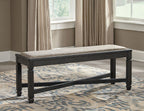 Dark gray dining bench with upholstered seat and block legs