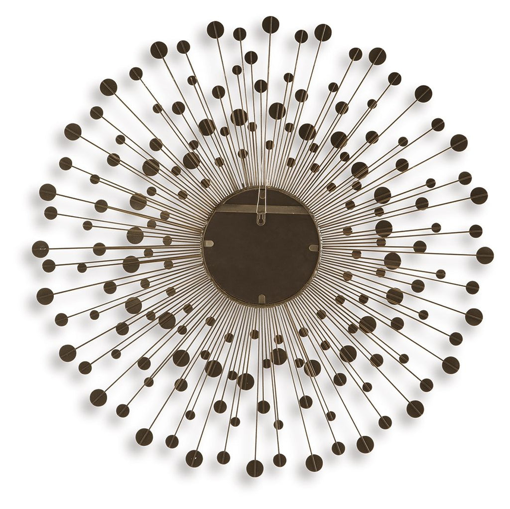 Accent wall mirror with circular mirror center and bronze-gold sunburst metal rods