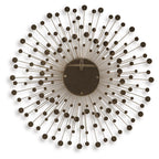 Accent wall mirror with circular mirror center and bronze-gold sunburst metal rods
