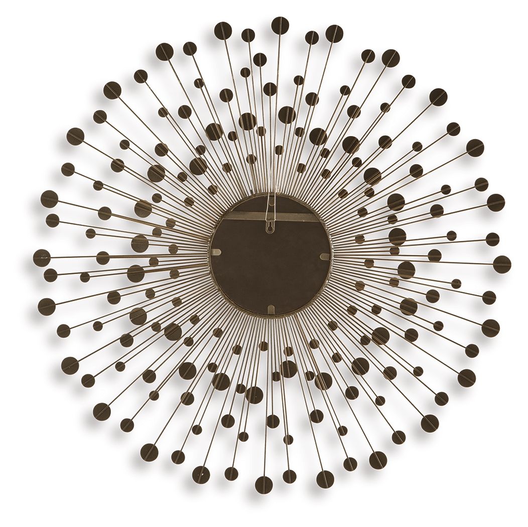 Accent wall mirror with circular mirror center and bronze-gold sunburst metal rods