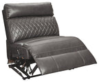Gray armless recliner with diamond-quilted back and extended leg rest